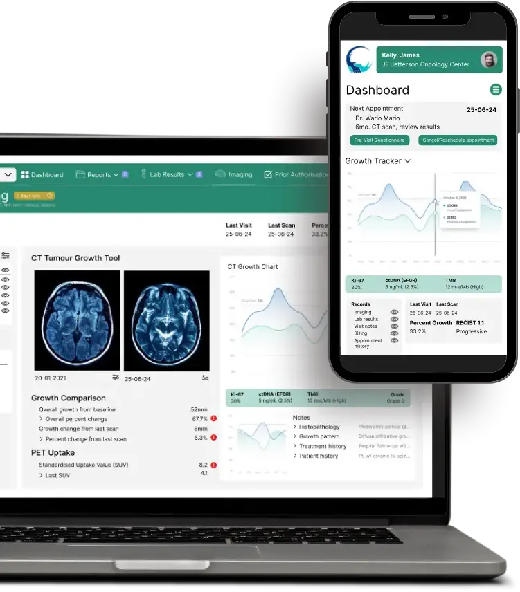 Laptop and iPhone showing dashboard interface of radiology app (mockup)